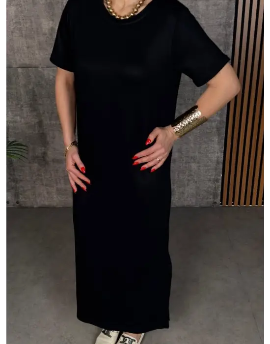 Kadın Kısa Kollu Bisiklet Yaka Yırtmaçlı Viskon Iki Iplik Elbise