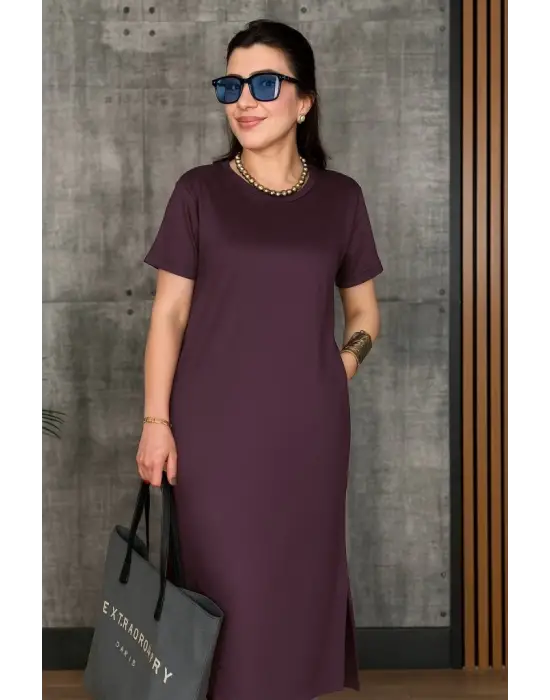 Omarı Yırtmaçlı Viskon Elbise - Kadın Kısa Kollu Bisiklet Yaka