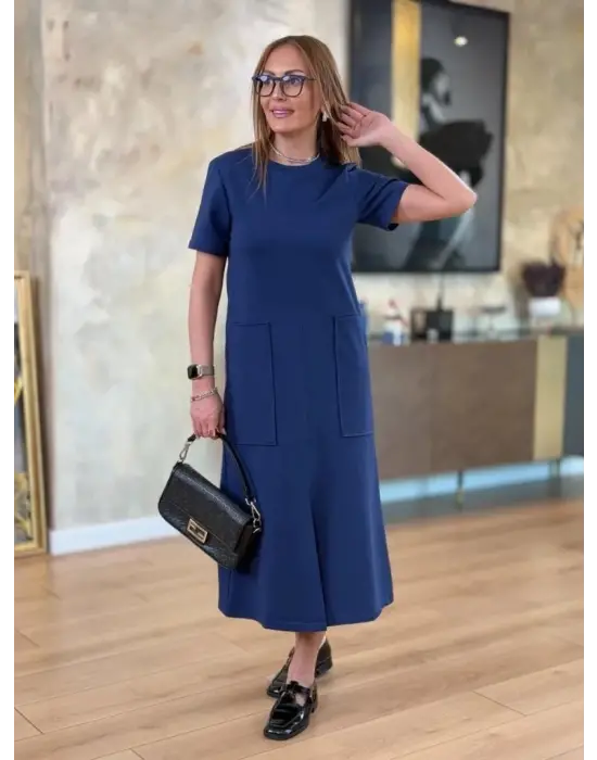 Omarı Kadın Kısa Kollu Bisiklet Yakalı Viskon Midi Elbise