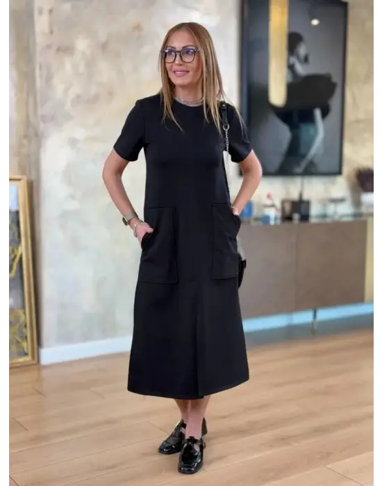 Kadın Kısa Kollu Bisiklet Yakalı Cepli önden Yırtmaçlı Viskon Iki Iplik Midi Elbise