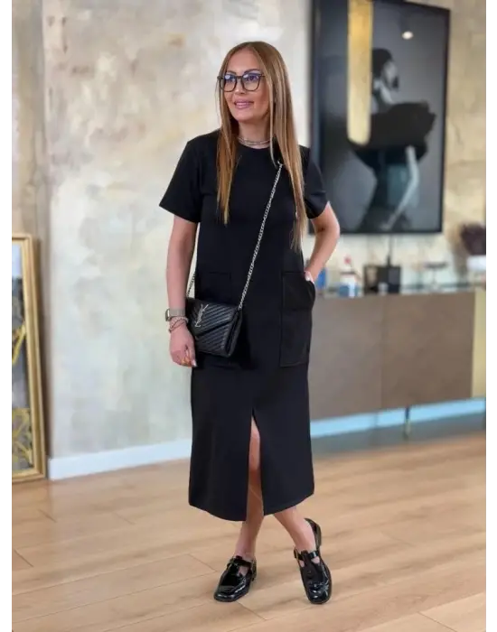 Omarı Bisiklet Yakalı Cepli Viskon Midi Elbise