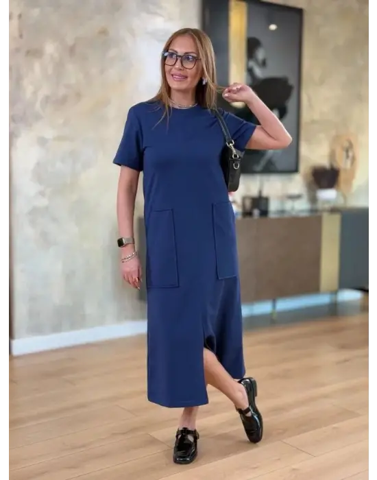 Kadın Kısa Kollu Bisiklet Yakalı Cepli önden Yırtmaçlı Viskon Iki Iplik Midi Elbise