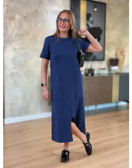 Omarı Kadın Kısa Kollu Bisiklet Yakalı Viskon Midi Elbise