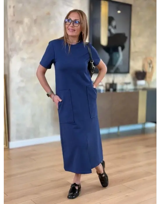 Omarı Kadın Kısa Kollu Bisiklet Yakalı Viskon Midi Elbise