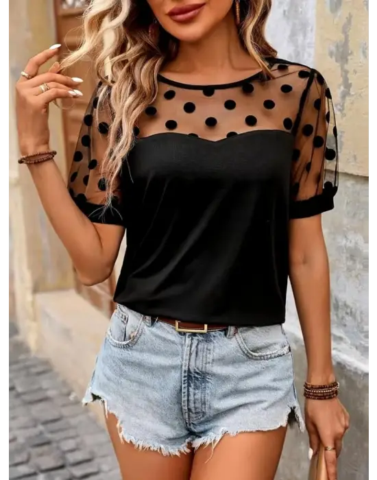 Kadın Kısa Kollu Bisiklet Yakalı Kolları Puantiyeli Viskon Bluz