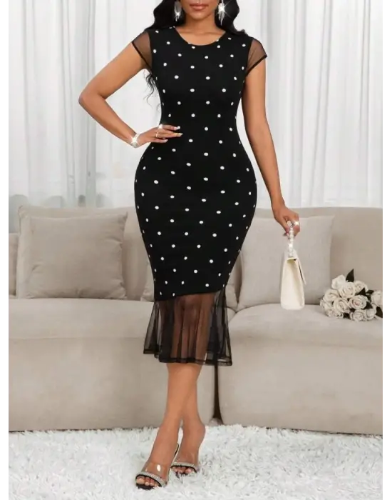 Kadın Kısa Kollu Bisiklet Yakalı Puantiyeli Tül Detaylı örme Krep Elbise