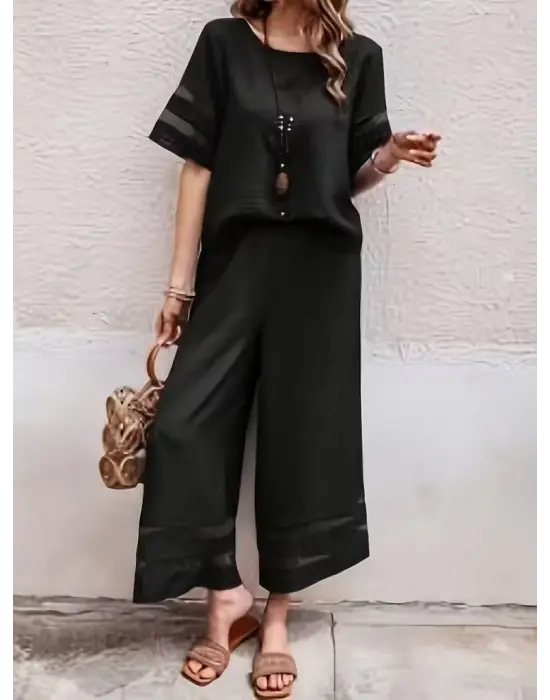 Kadın Kısa Kollu Bisiklet Yakalı Tül şerit Detaylı Bluz Ve Pantolon Ikili Takım