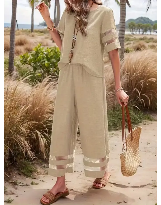 Kadın Kısa Kollu Bisiklet Yakalı Tül şerit Detaylı Bluz Ve Pantolon Ikili Takım