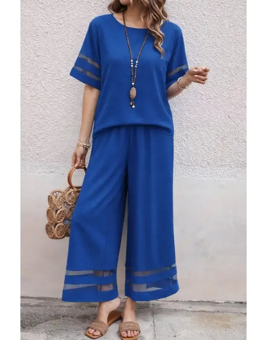 Kadın Kısa Kollu Bisiklet Yakalı Tül şerit Detaylı Bluz Ve Pantolon Ikili Takım