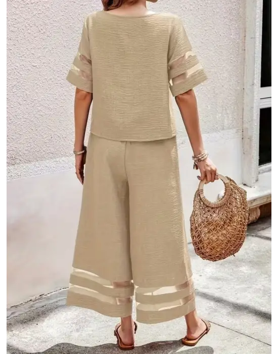 Kadın Kısa Kollu Bisiklet Yakalı Tül şerit Detaylı Bluz Ve Pantolon Ikili Takım