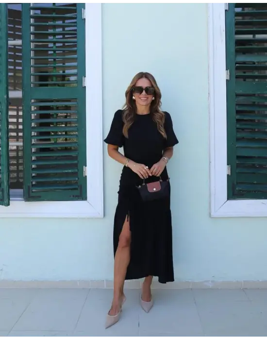 Kadın Kısa Kollu Bisiklet Yakalı Yandan Yırtmaçlı Büzgülü Janjan Krep Elbise