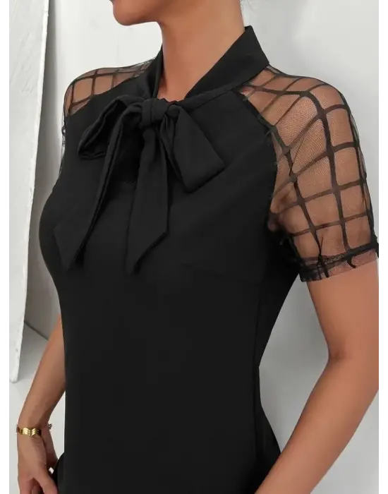 Kadın Kısa Kollu Boyundan Bağlamalı Omuzlarda Tül Detaylı Janjan Krep Elbise