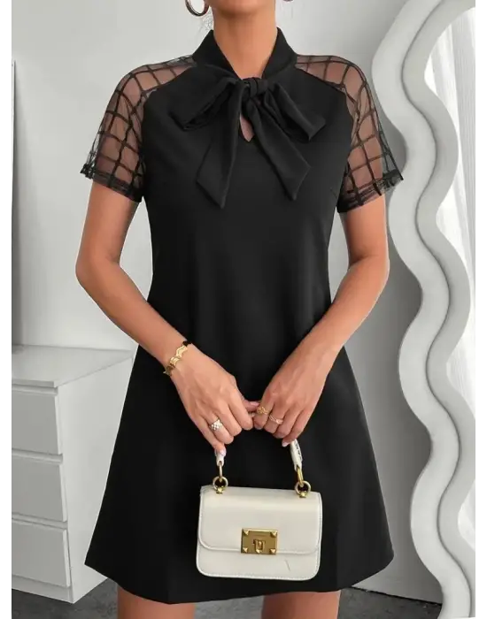 Kadın Kısa Kollu Boyundan Bağlamalı Omuzlarda Tül Detaylı Janjan Krep Elbise