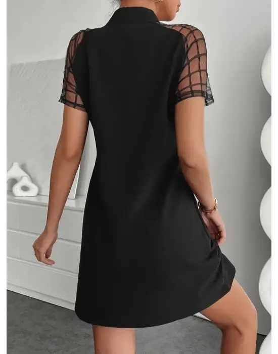 Omarı Kadın Omuzlarda Tül Detaylı Kısa Kollu Elbise