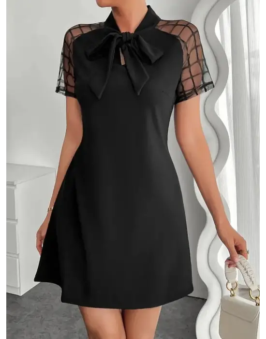 Kadın Kısa Kollu Boyundan Bağlamalı Omuzlarda Tül Detaylı Janjan Krep Elbise