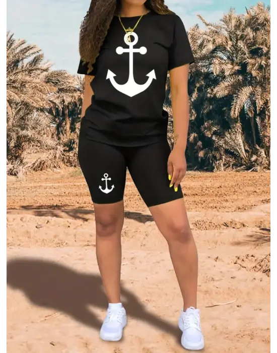 Kadın Kısa Kollu çapa Baskılı Viskon Ikili Takım