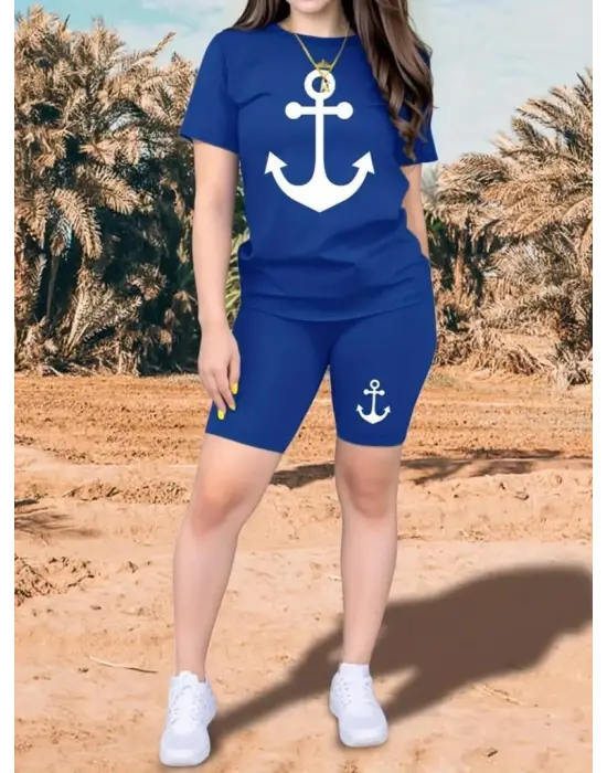 Kadın Kısa Kollu çapa Baskılı Viskon Ikili Takım