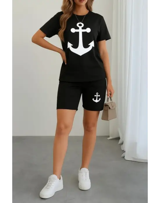 Kadın Kısa Kollu çapa Baskılı Viskon Ikili Takım