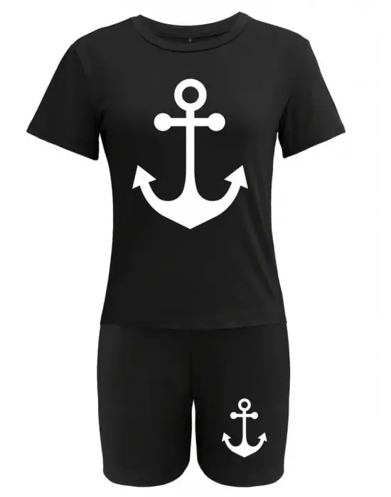 Kadın Kısa Kollu çapa Baskılı Viskon Ikili Takım