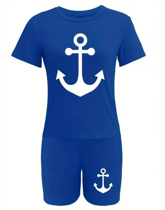 Kadın Kısa Kollu çapa Baskılı Viskon Ikili Takım