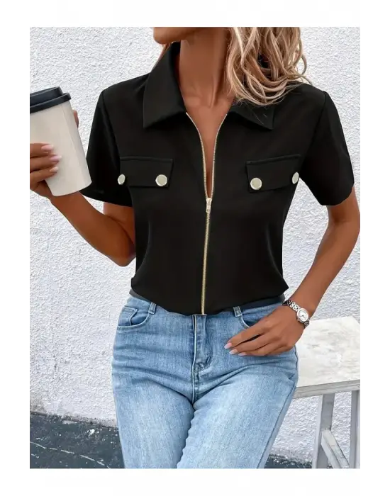 Omarı Fermuar Detaylı Kadın Ithal Krep Bluz