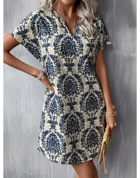 Kadın Kısa Kollu çentik Yaka çiçek Desenli Keten Elbise
