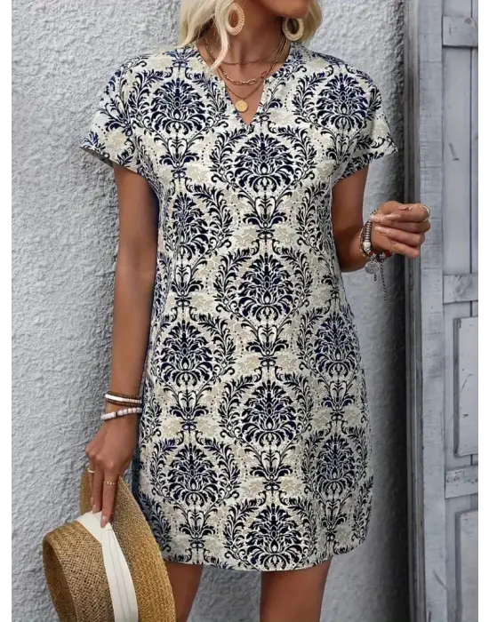 Kadın Kısa Kollu çentik Yaka çiçek Desenli Keten Elbise