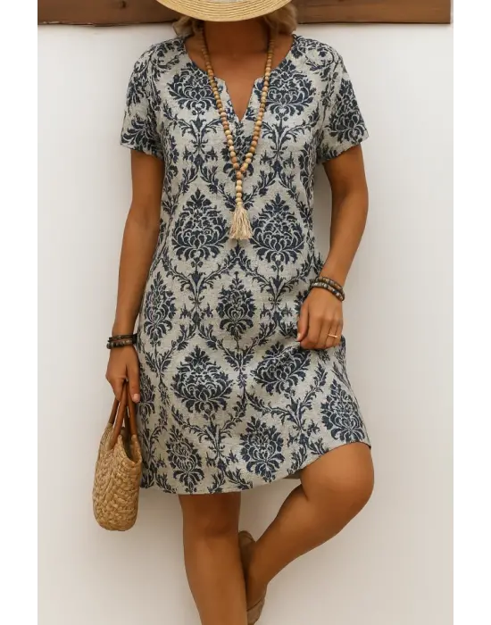 Kadın Kısa Kollu çentik Yaka çiçek Desenli Keten Elbise