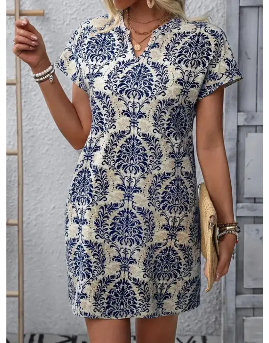 Kadın Kısa Kollu çentik Yaka çiçek Desenli Keten Elbise