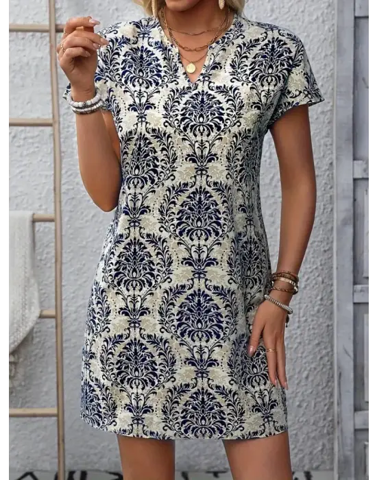 Kadın Kısa Kollu çentik Yaka çiçek Desenli Keten Elbise