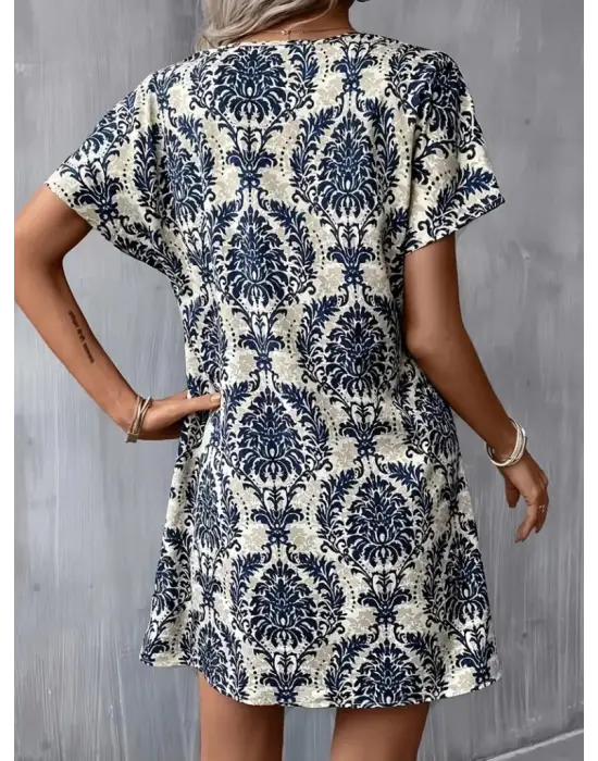Kadın Kısa Kollu çentik Yaka çiçek Desenli Keten Elbise