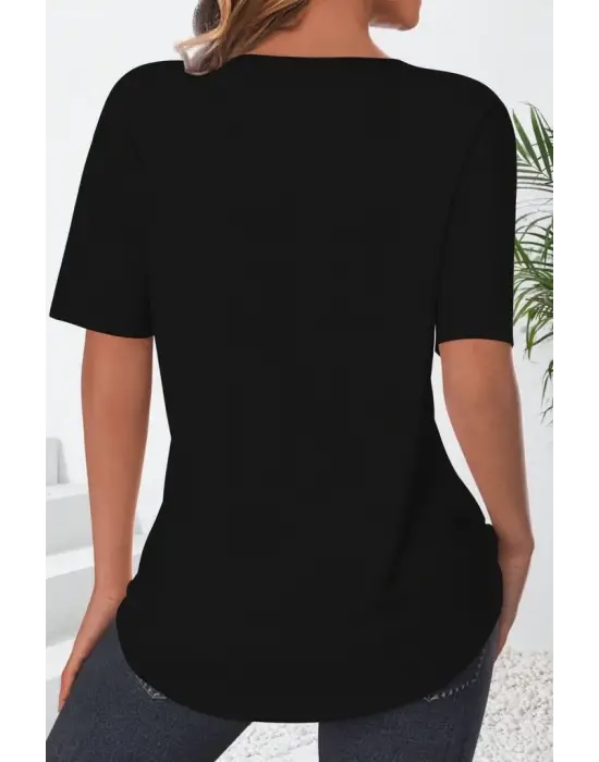 Omarı Havalı V Yaka Çentikli Kısa Kollu Keten Bluz