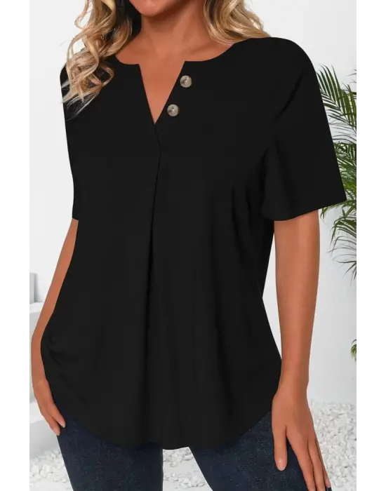 Omarı Havalı V Yaka Çentikli Kısa Kollu Keten Bluz