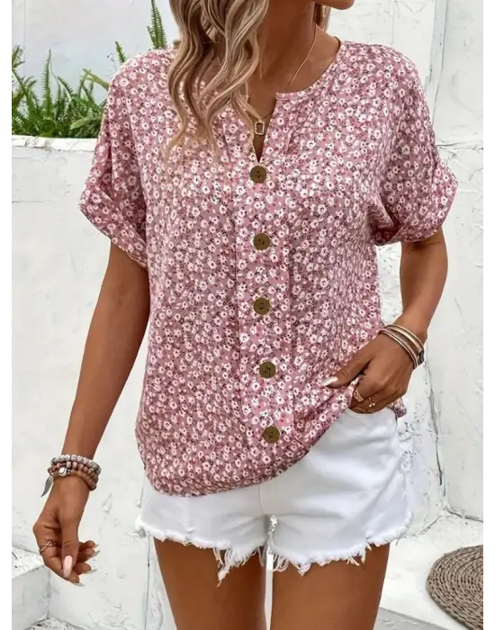 Kadın Kısa Kollu çentikli V Yaka Ve Düğme Detaylı çiçek Desenli Süprem Bluz