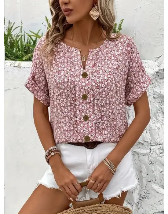 Kadın Kısa Kollu çentikli V Yaka Ve Düğme Detaylı çiçek Desenli Süprem Bluz