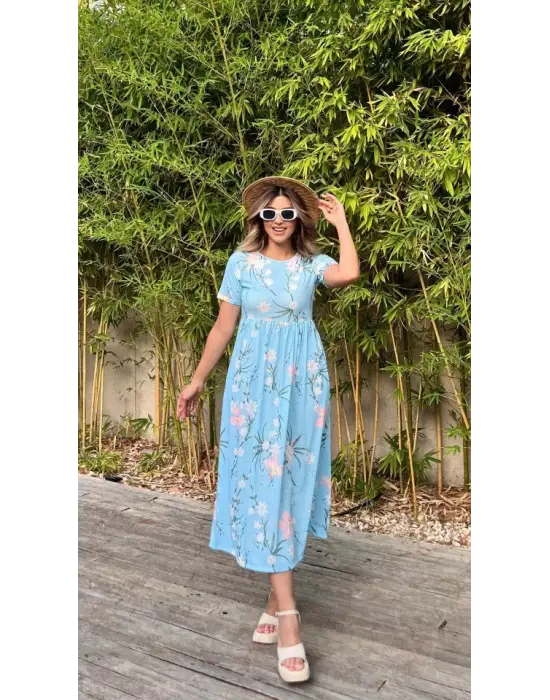 Kadın Kısa Kollu çiçek Baskı Midi Boy Süprem Elbise