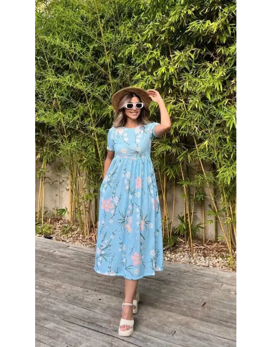 Kadın Kısa Kollu çiçek Baskı Midi Boy Süprem Elbise