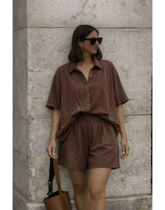 Kadın Kısa Kollu çizgili Modal Kumaş Gömlek Ve Yüksek Bel Lastik Detay şort Ikili Takım