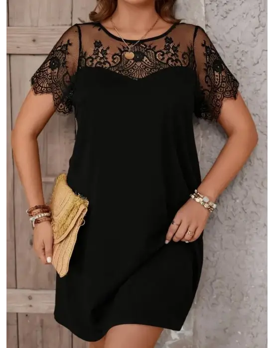 Kadın Kısa Kollu Dantel Bisiklet Yaka Ve Kol Dantel Detaylı Janjan Krep Elbise