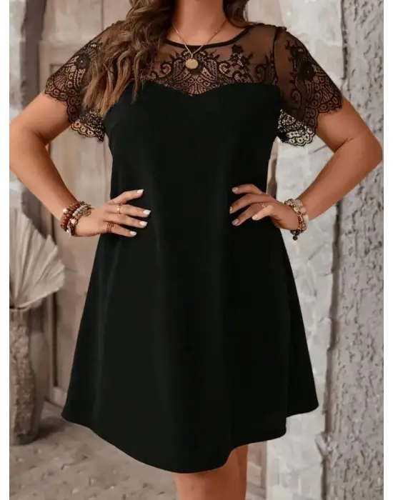 Kadın Kısa Kollu Dantel Bisiklet Yaka Ve Kol Dantel Detaylı Janjan Krep Elbise