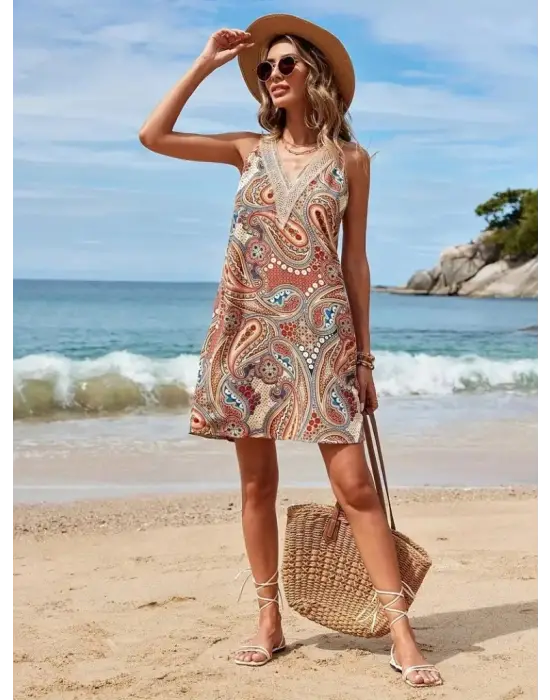 Kadın Kısa Kollu Dantel V Yakalı Desenli Süprem Elbise