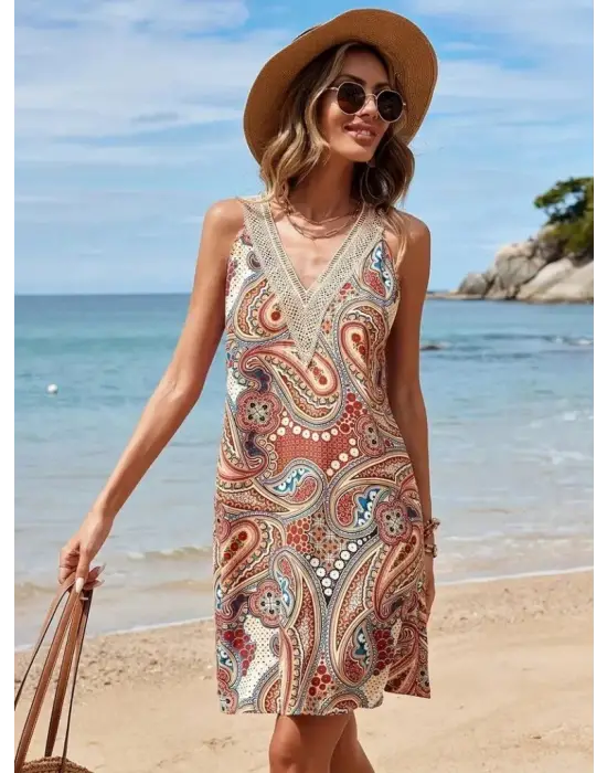 Kadın Kısa Kollu Dantel V Yakalı Desenli Süprem Elbise