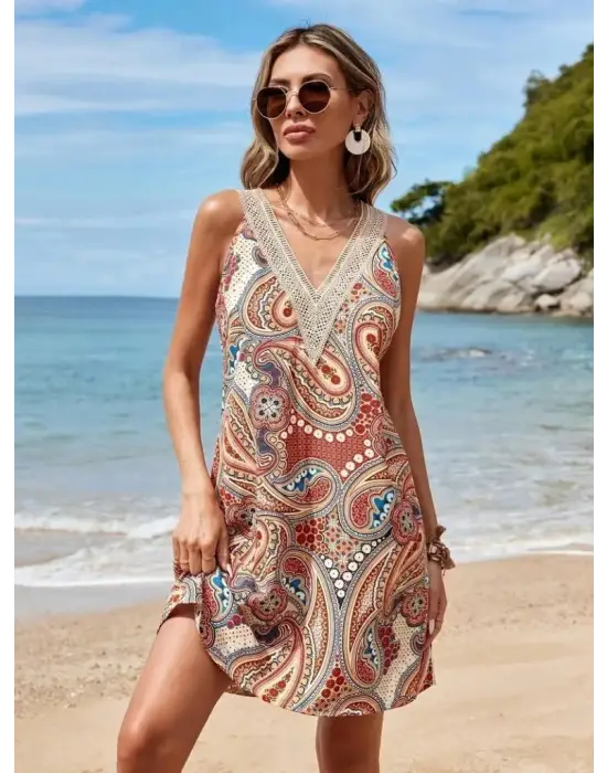 Kadın Kısa Kollu Dantel V Yakalı Desenli Süprem Elbise