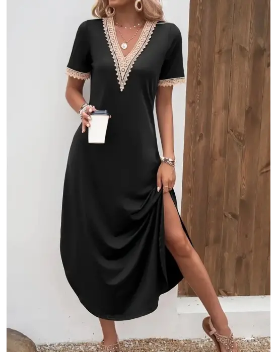 Kadın Kısa Kollu Dantel V Yakalı Uzun Viskon Elbise