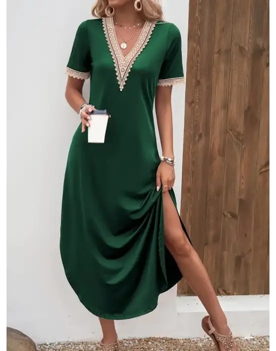Kadın Kısa Kollu Dantel V Yakalı Uzun Viskon Elbise