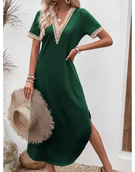 Kadın Kısa Kollu Dantel V Yakalı Uzun Viskon Elbise