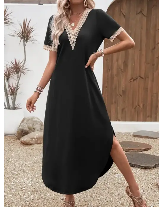 Kadın Kısa Kollu Dantel V Yakalı Uzun Viskon Elbise