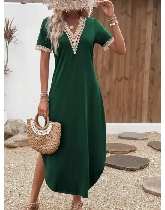 Kadın Kısa Kollu Dantel V Yakalı Uzun Viskon Elbise