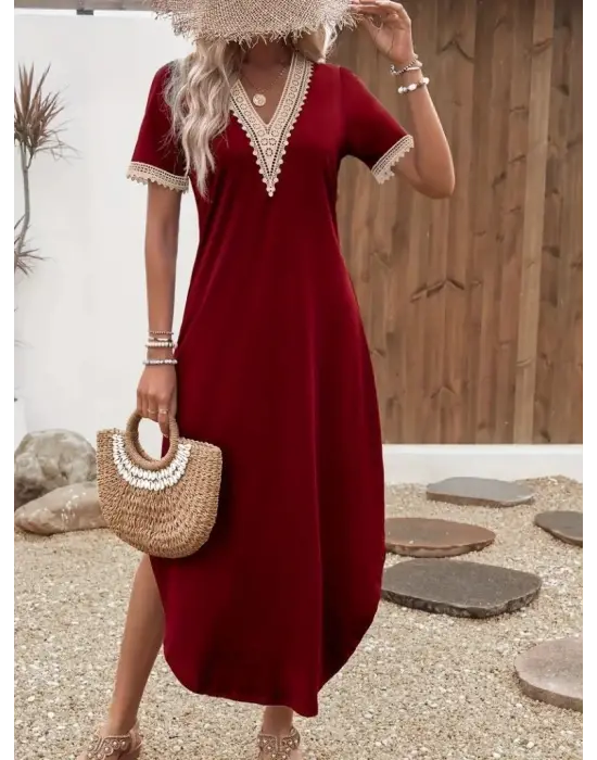 Kadın Kısa Kollu Dantel V Yakalı Uzun Viskon Elbise