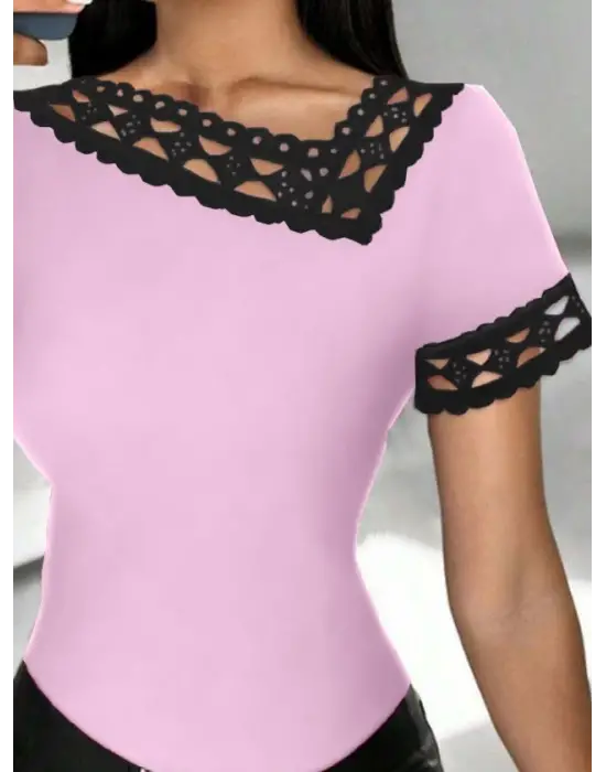 Kadın Kısa Kollu Dantel Yaka Viskon Bluz
